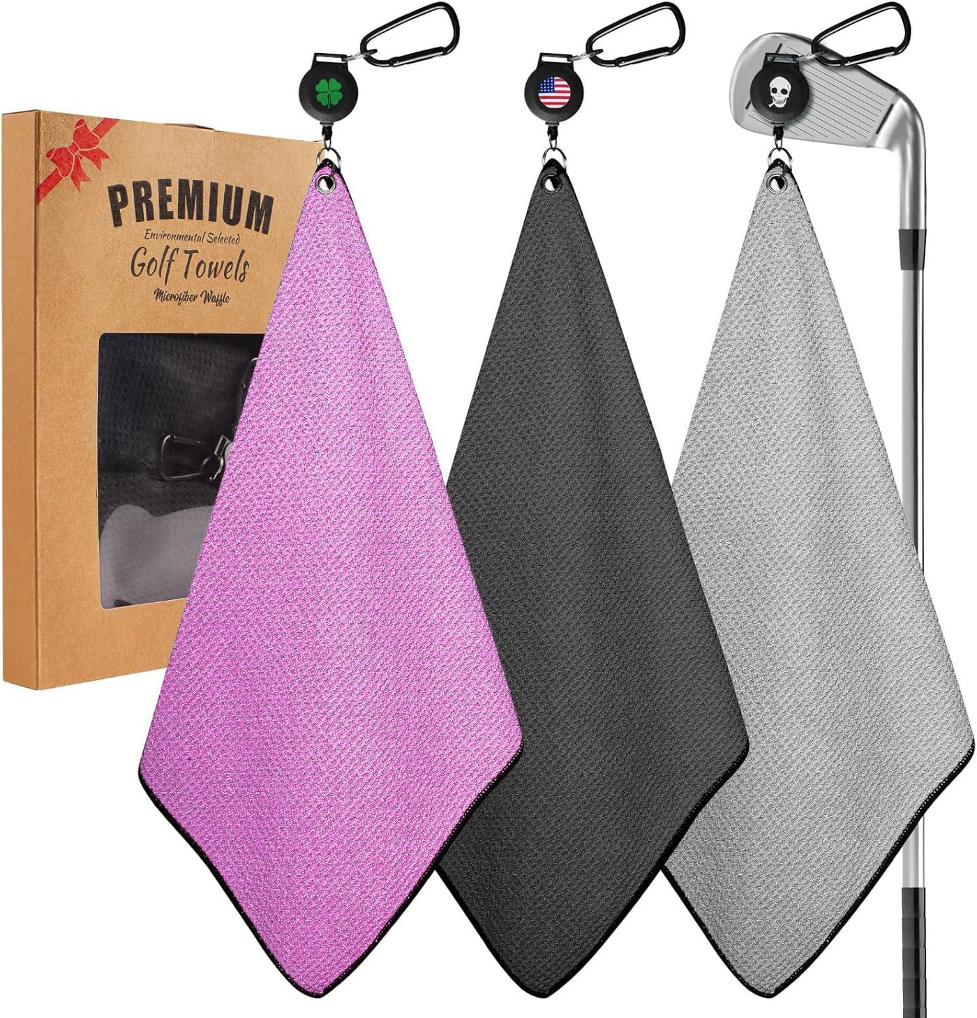 Golf Towels 3 Pack 16''X16'' with Strong Magnetic Retractable Carabiner