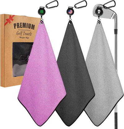 Golf Towels 3 Pack 16''X16'' with Strong Magnetic Retractable Carabiner