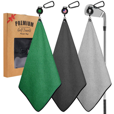 Golf Towels 3 Pack 16''X16'' with Strong Magnetic Retractable Carabiner