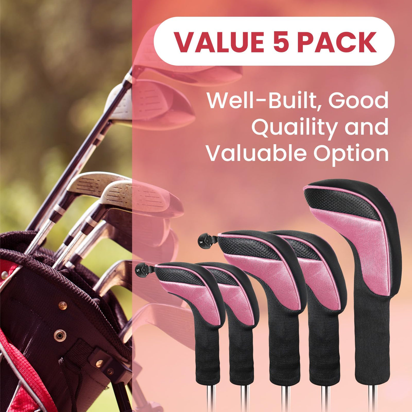 Golf Club Head Covers for Woods Driver Fairway Hybrid Value 5 Pack