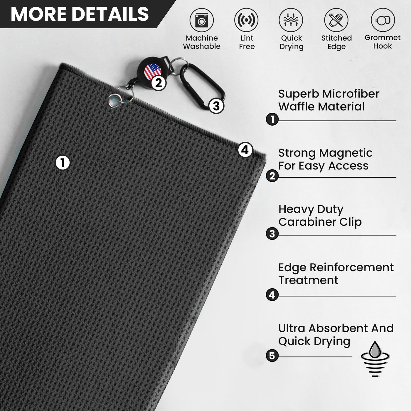 Golf Towels 3 Pack 16''X16'' with Strong Magnetic Retractable Carabiner