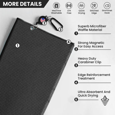 Golf Towels 3 Pack 16''X16'' with Strong Magnetic Retractable Carabiner