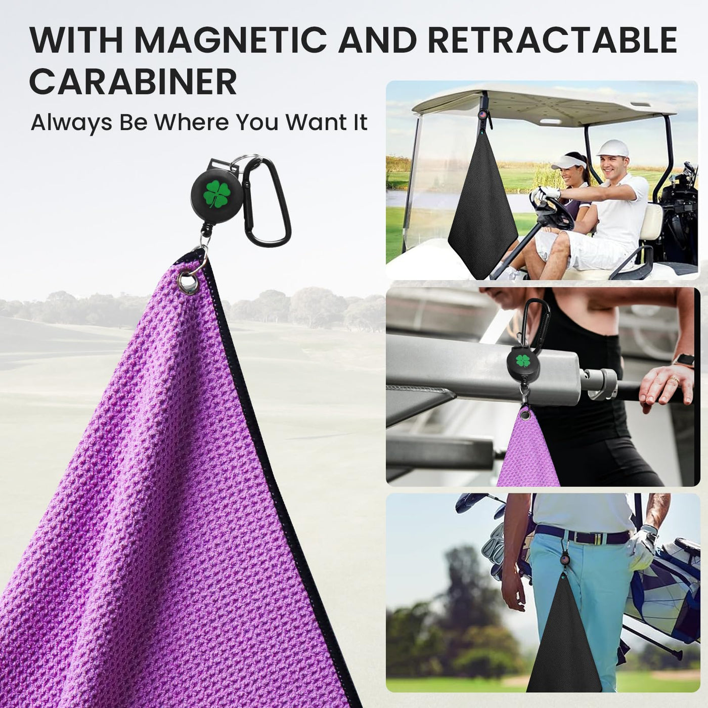 Golf Towels 3 Pack 16''X16'' with Strong Magnetic Retractable Carabiner