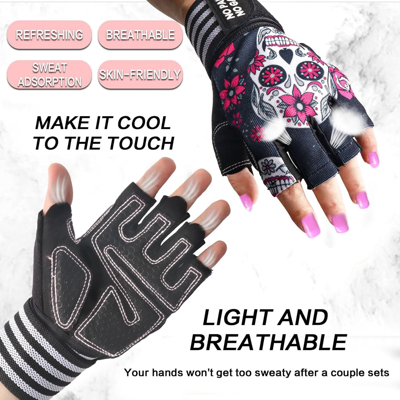 Ladies Weight Lifting Gym Gloves Skull Pink 1 Pair