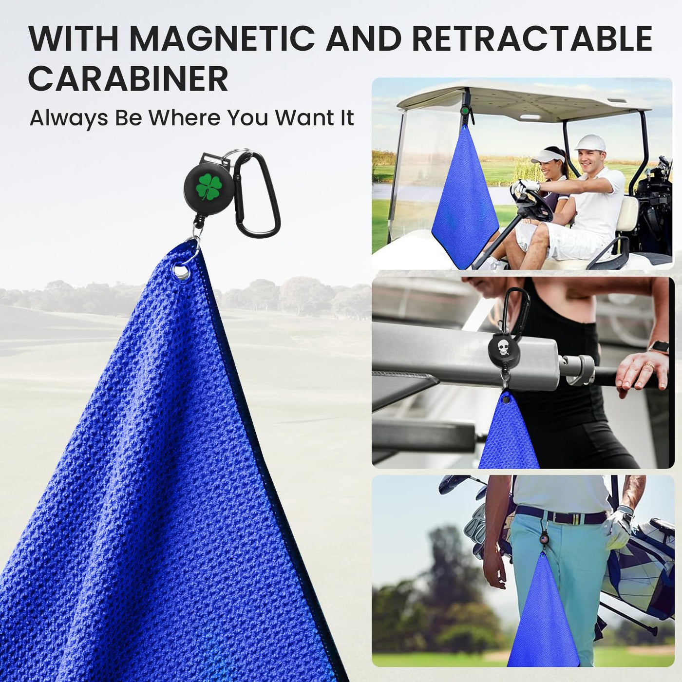 Golf Towels 3 Pack 16''X16'' with Strong Magnetic Retractable Carabiner