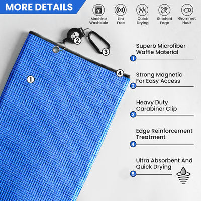 Golf Towels 3 Pack 16''X16'' with Strong Magnetic Retractable Carabiner