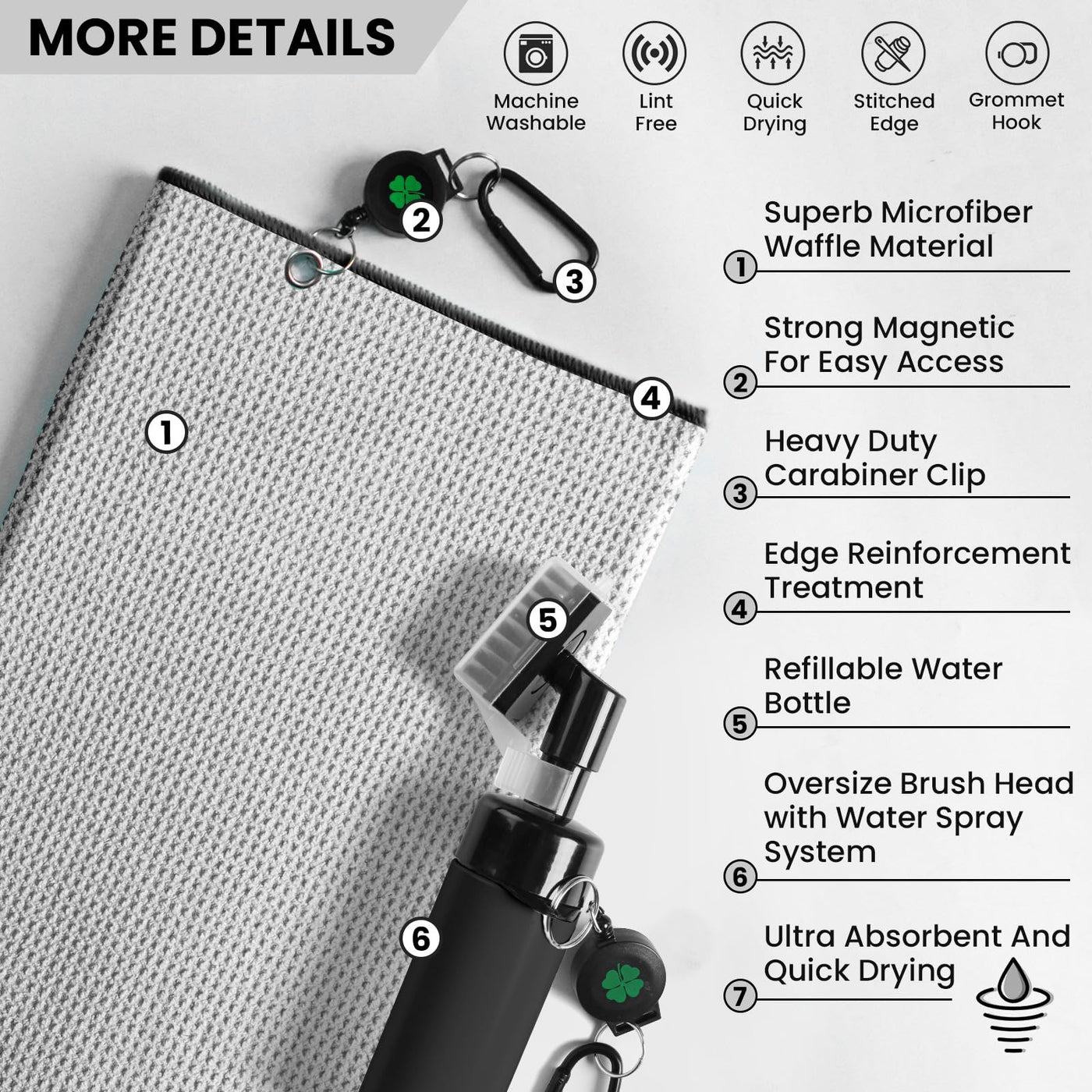 Golf Club Brush Cleaner Magnetic Retractable Carabiner Towels 2 Pack Kit