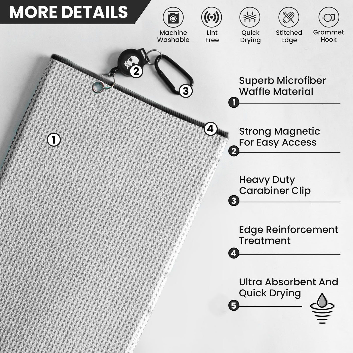 Golf Towels 3 Pack 16''X16'' with Strong Magnetic Retractable Carabiner