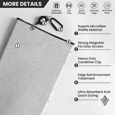 Golf Towels 3 Pack 16''X16'' with Strong Magnetic Retractable Carabiner