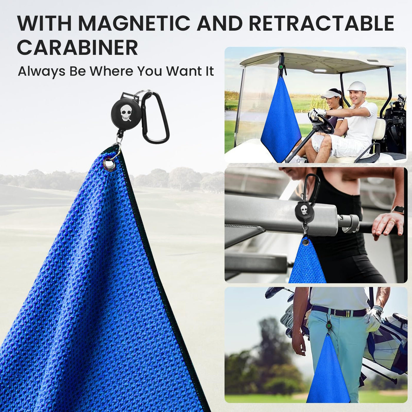 Golf Towels 3 Pack 16''X16'' with Strong Magnetic Retractable Carabiner
