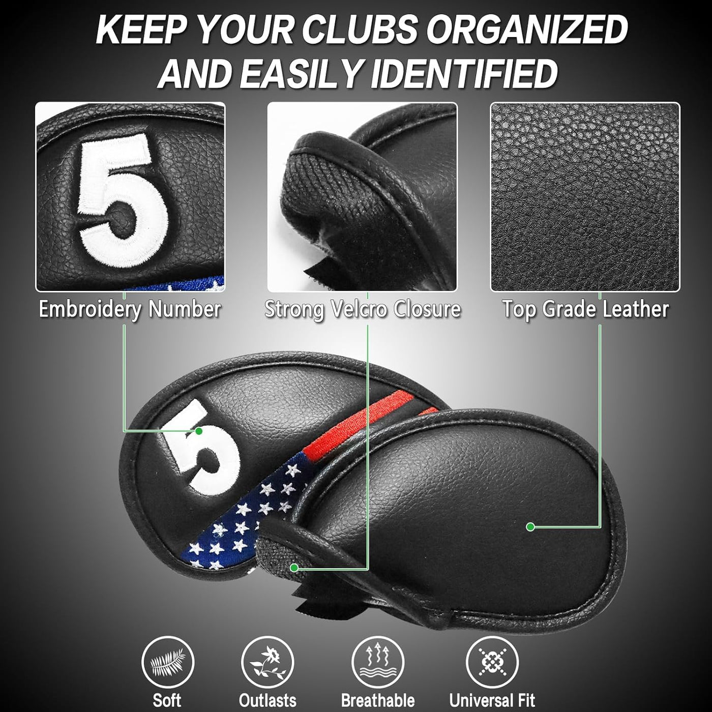 USA Flag Golf Iron Head Covers Set 12 Pack Universal Fit