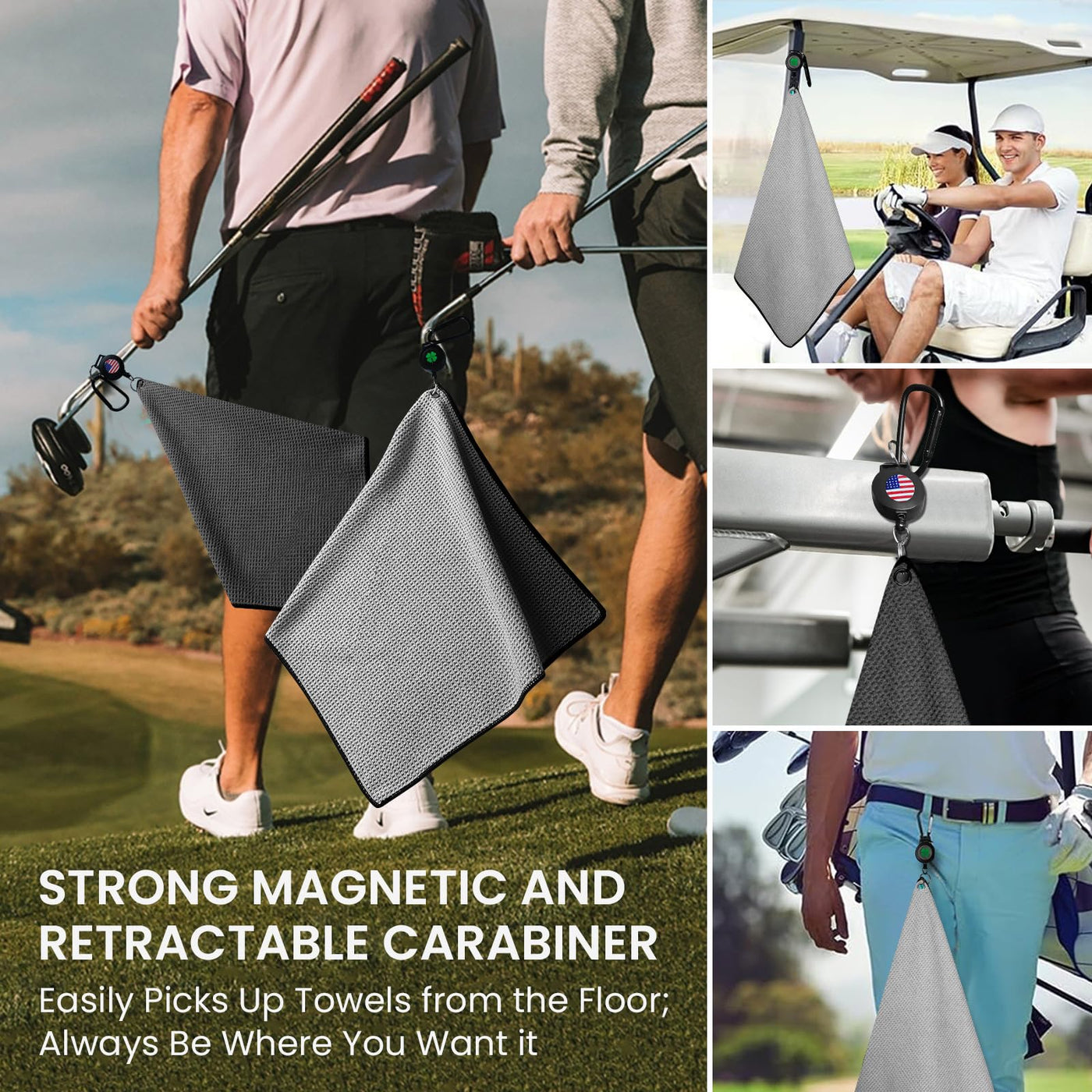 Golf Club Brush Cleaner Magnetic Retractable Carabiner Towels 2 Pack Kit