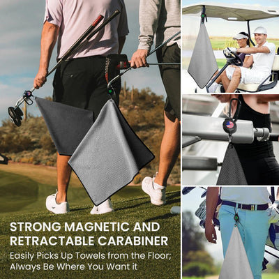 Golf Club Brush Cleaner Magnetic Retractable Carabiner Towels 2 Pack Kit