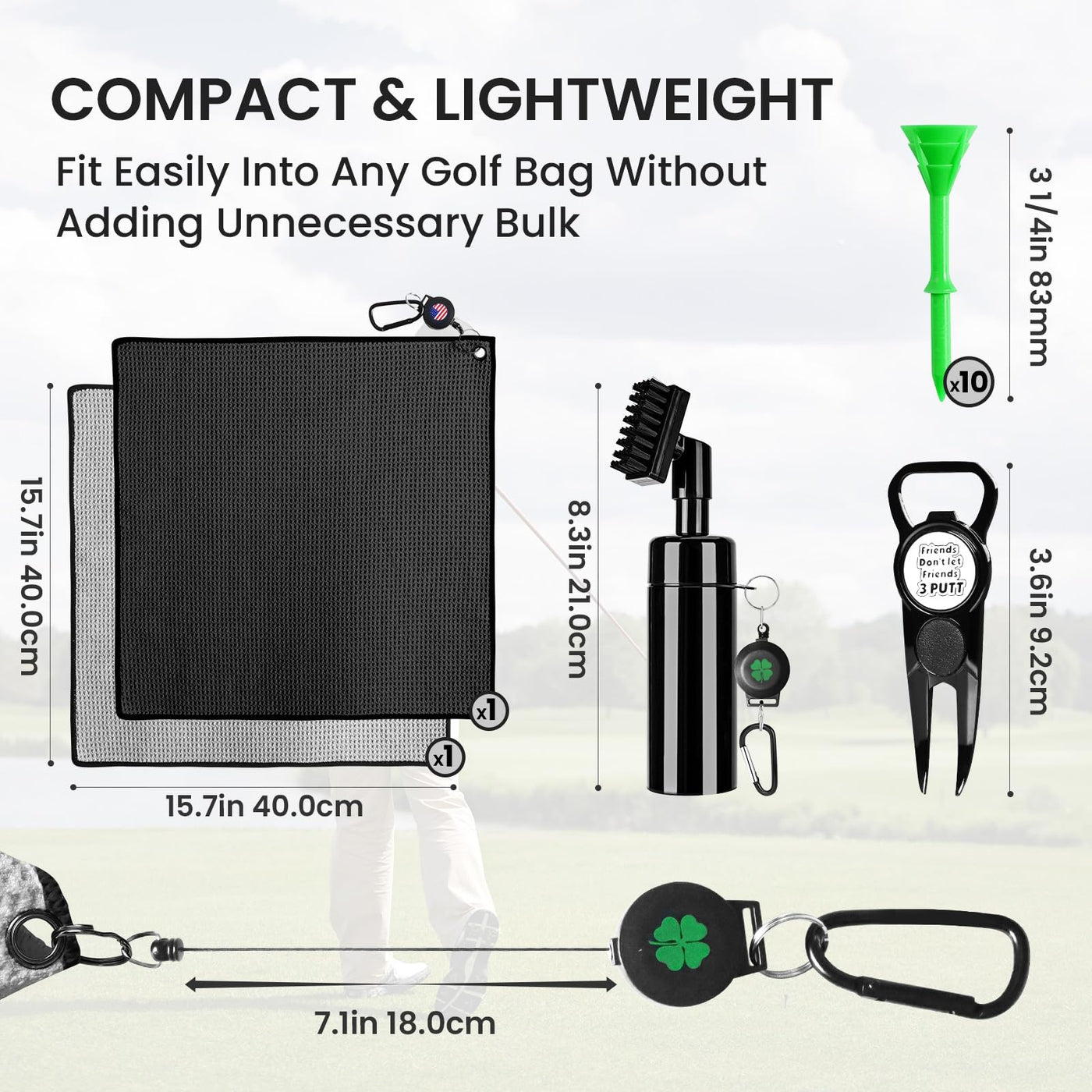 Golf Club Brush Cleaner Magnetic Retractable Carabiner Towels 2 Pack Kit