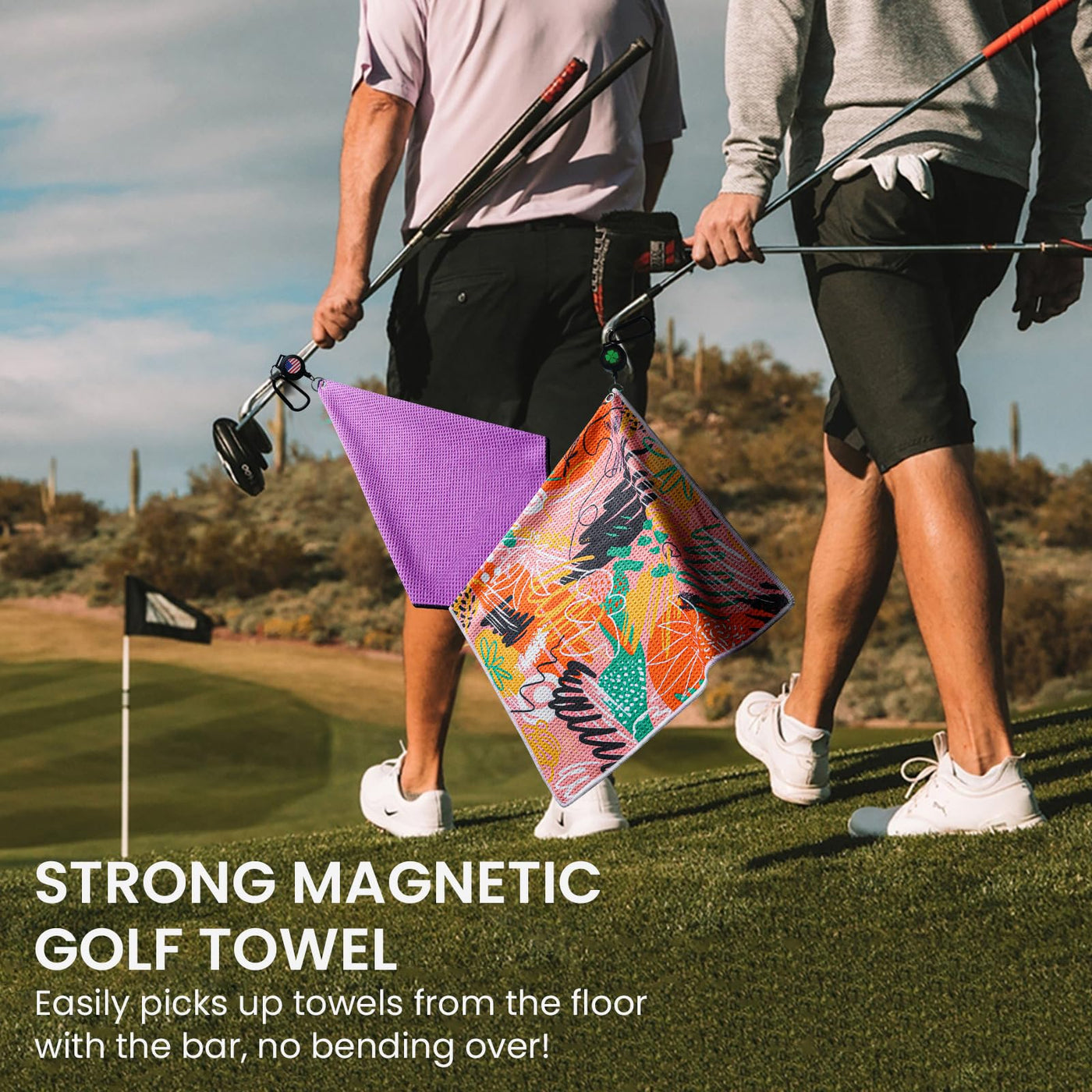 Golf Towels for Golf Bags for Women Men Value 2 Pack with 3 Strong Magnetic Retractable Carabiner and Black Brush