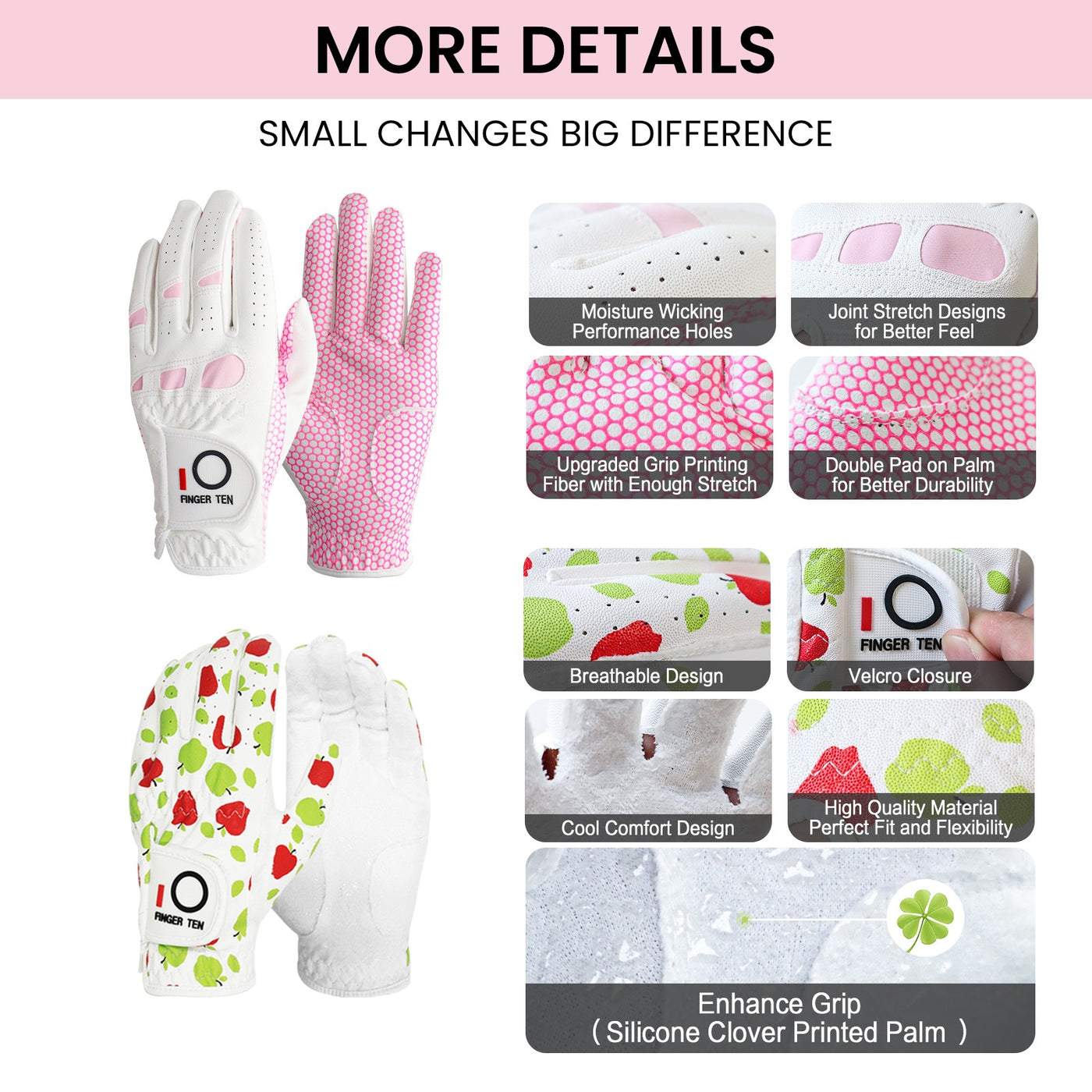 Lot de 6 gants de golf pour femme, toutes saisons, extra adhérents, vert et rose