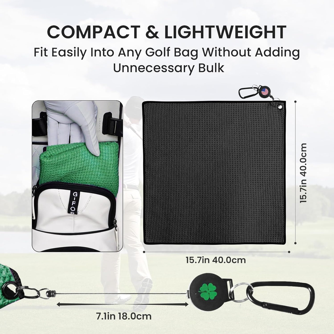 Golf Towels 3 Pack 16''X16'' with Strong Magnetic Retractable Carabiner