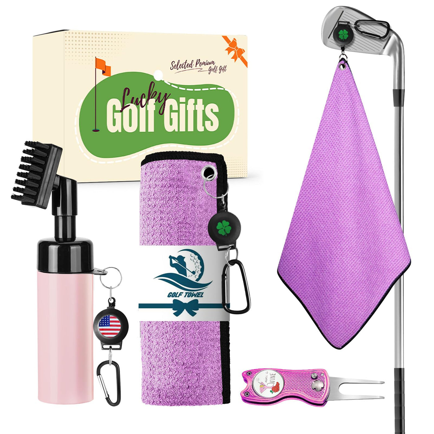Golf Club Cleaning Value Set, Strong Magnetic Retractable Carabiner Absorbent Towel Squeeze Water Brush with Divot Tool Ball Marker, Golf Bag Accessory