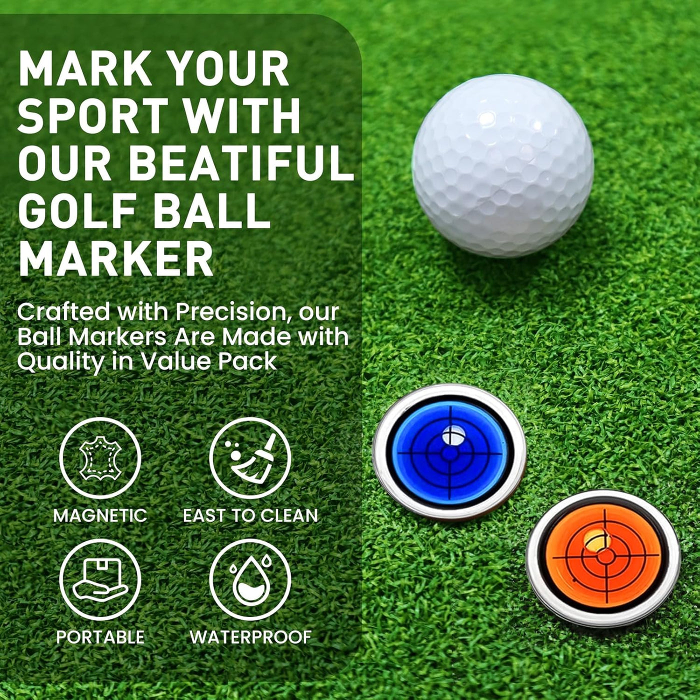 Golf Ball Marker Round Cap Clip Mark with Level Function 2 Pack