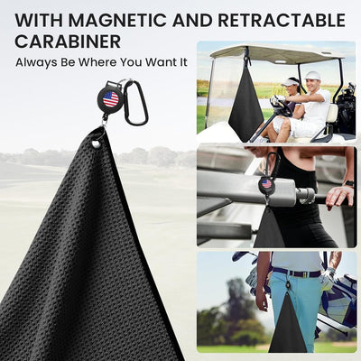 Golf Towels for Golf Bags 16''X16'' Value 2 Pack with Strong Magnetic Retractable Carabiner