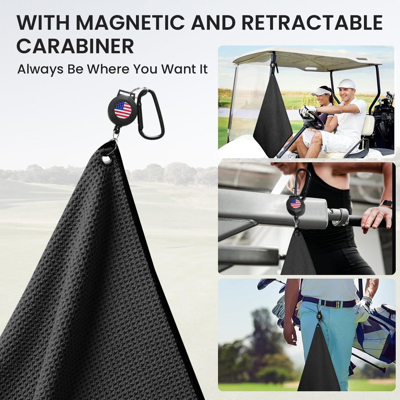 Golf Towels 3 Pack 16''X16'' with Strong Magnetic Retractable Carabiner