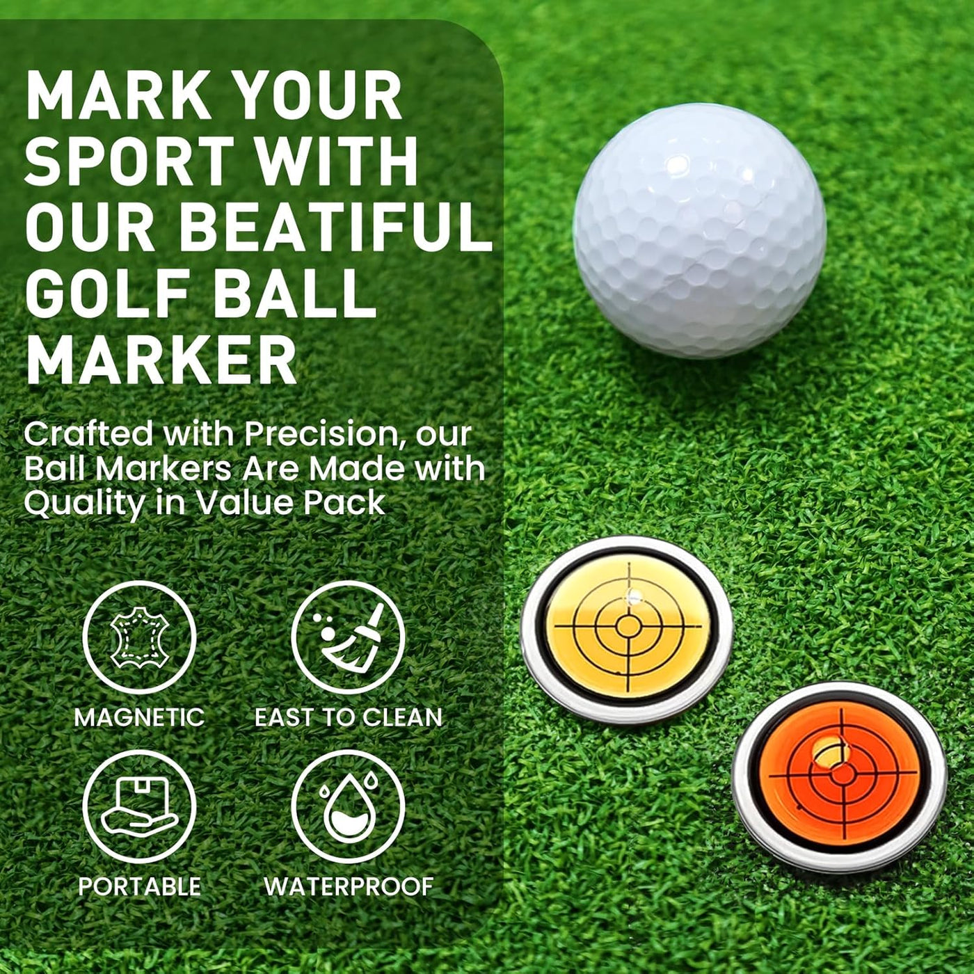 Golf Ball Marker Round Cap Clip Mark with Level Function 2 Pack