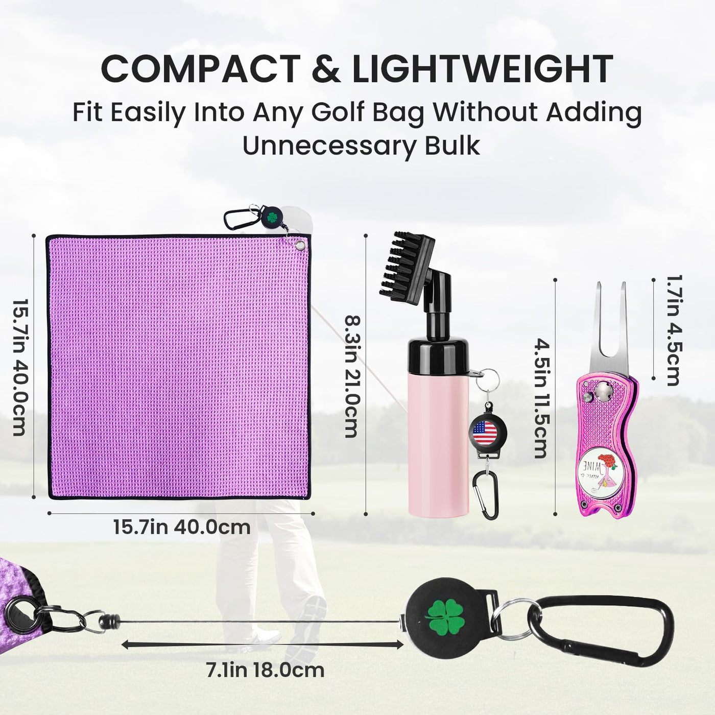 Golf Club Cleaning Value Set, Strong Magnetic Retractable Carabiner Absorbent Towel Squeeze Water Brush with Divot Tool Ball Marker, Golf Bag Accessory