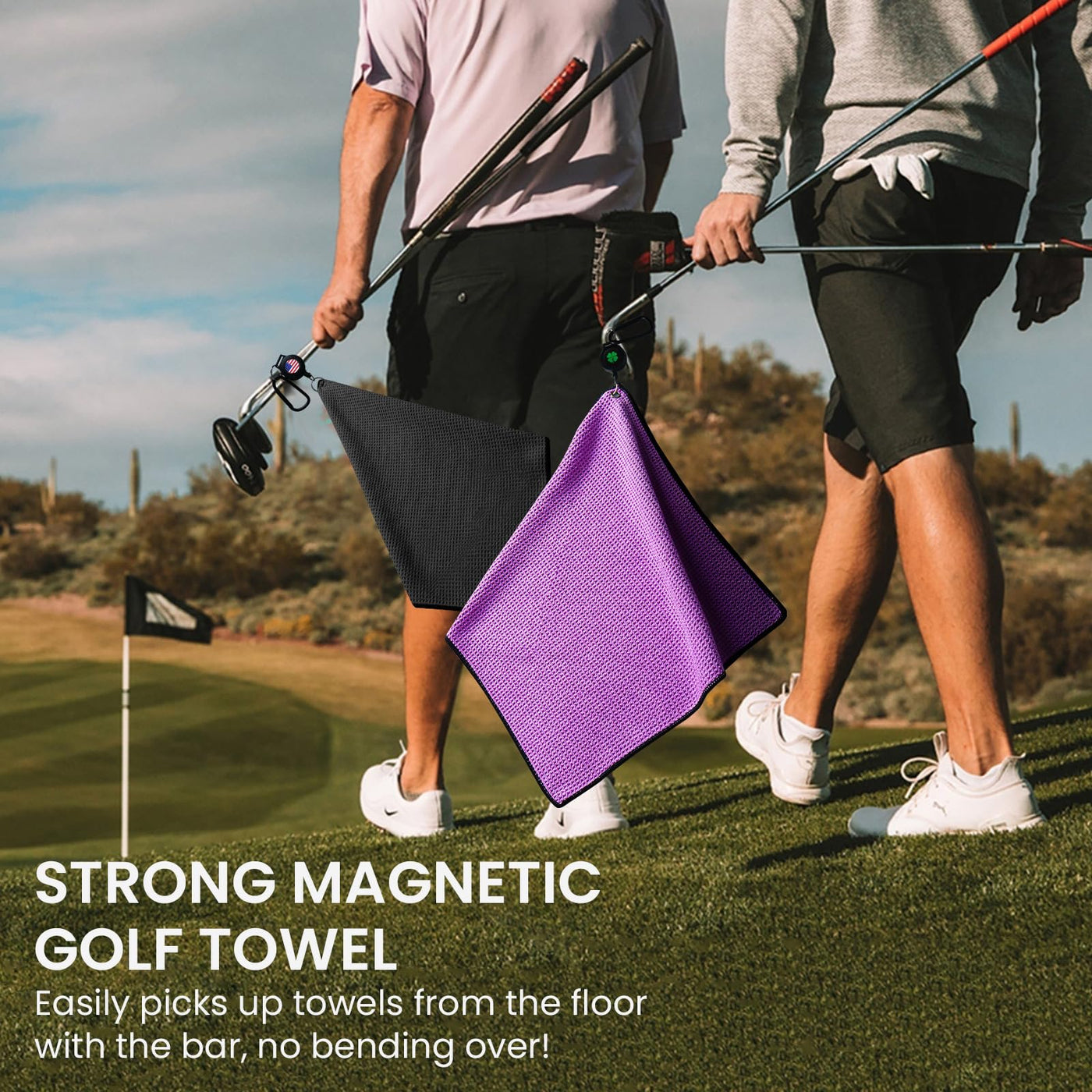 Golf Towels for Golf Bags for Women Men Value 2 Pack with 3 Strong Magnetic Retractable Carabiner and Black Brush