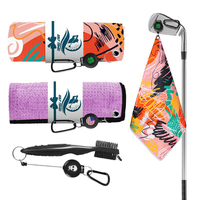 Golf Towels for Golf Bags for Women Men Value 2 Pack with 3 Strong Magnetic Retractable Carabiner and Black Brush