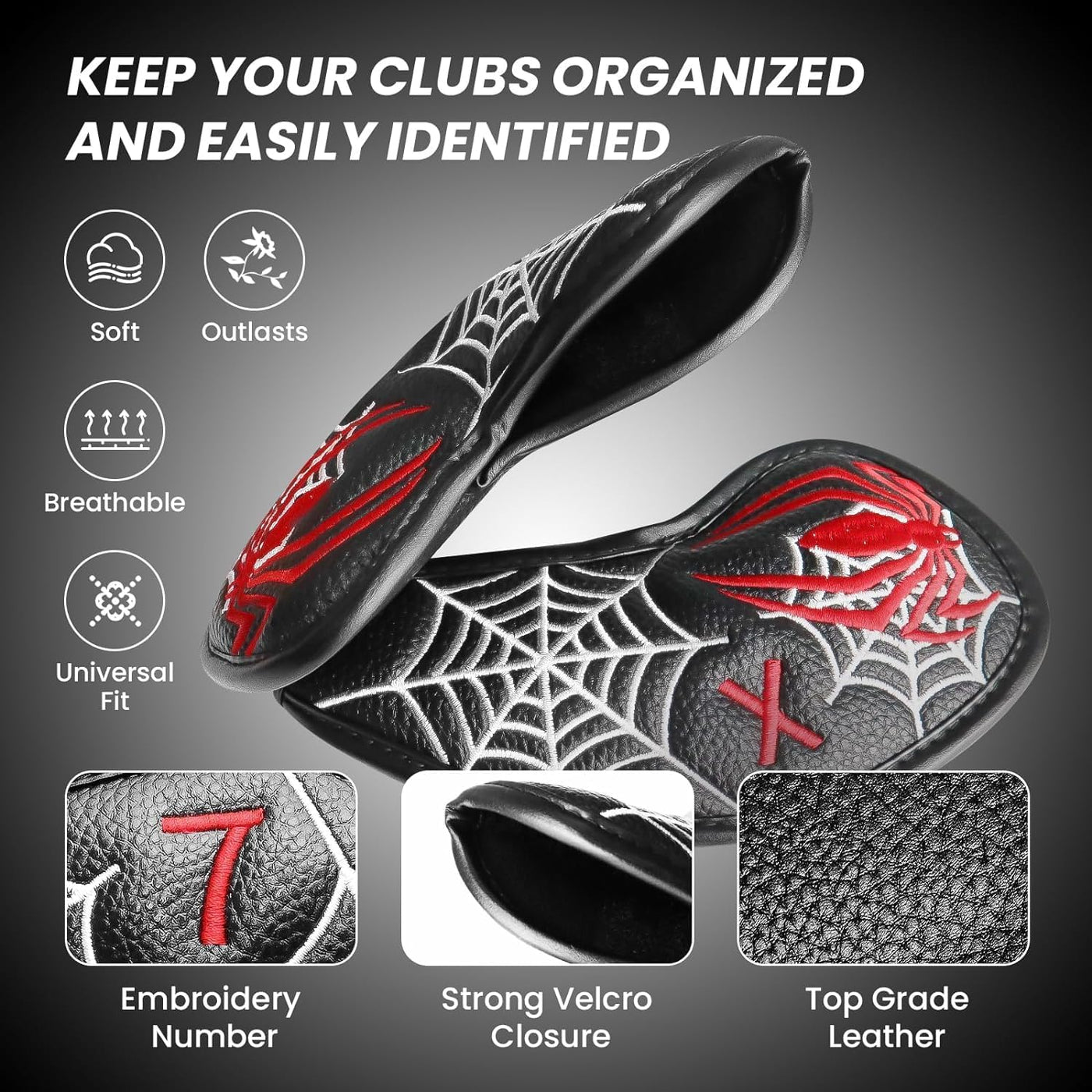 Golf Iron Head Covers 12 Piece Set Black Spider Universal Fit