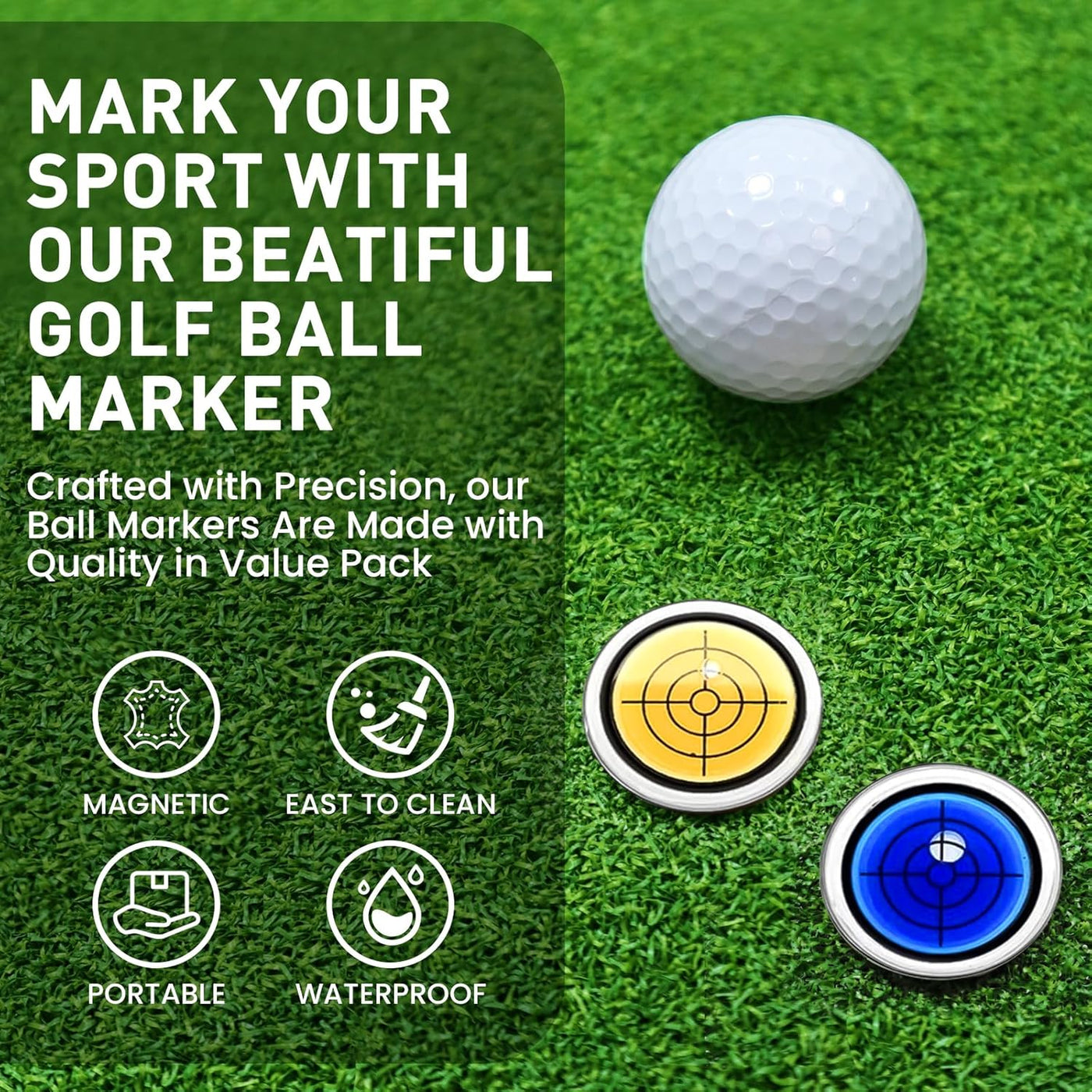 Golf Ball Marker Round Cap Clip Mark with Level Function 2 Pack