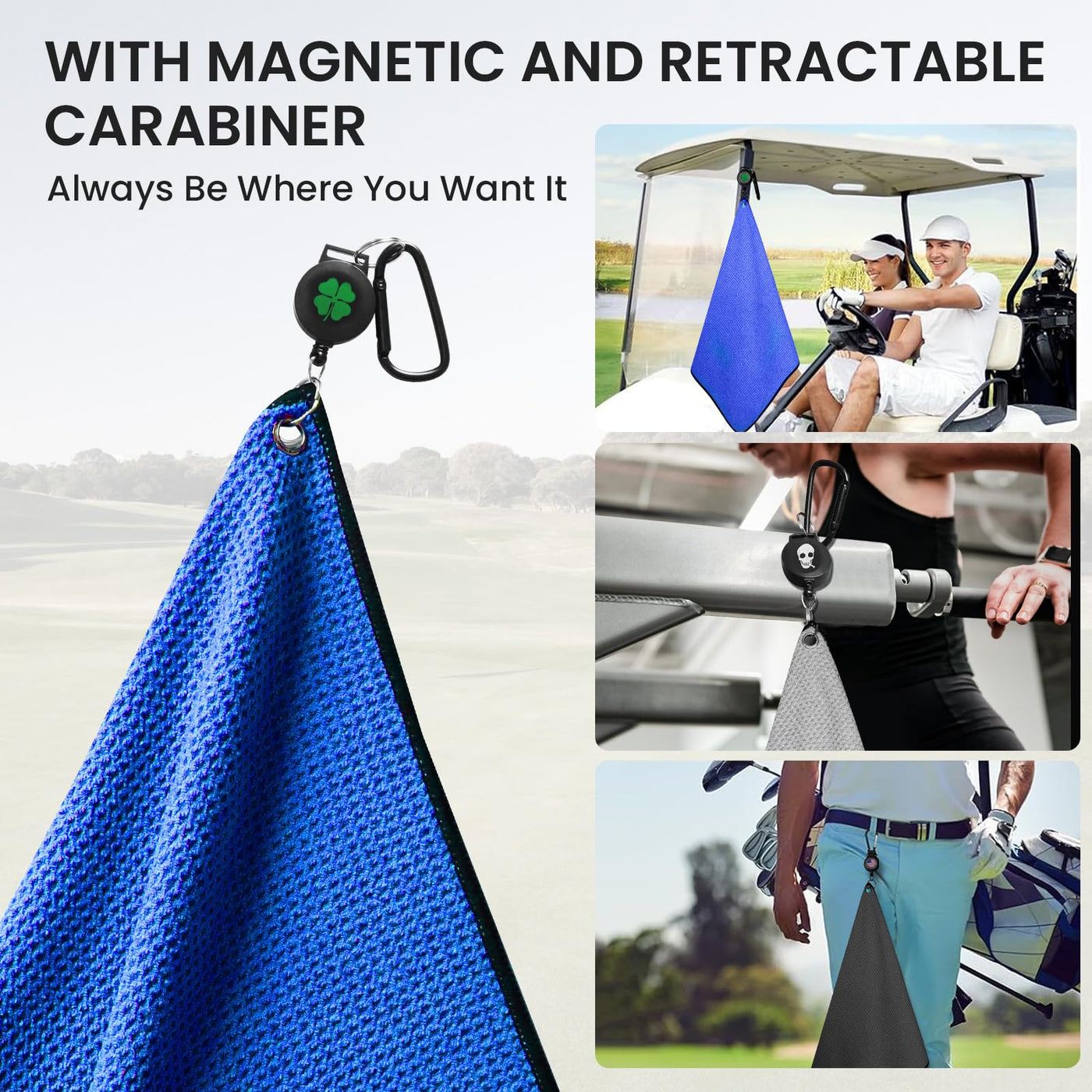 Golf Towels 3 Pack 16''X16'' with Strong Magnetic Retractable Carabiner