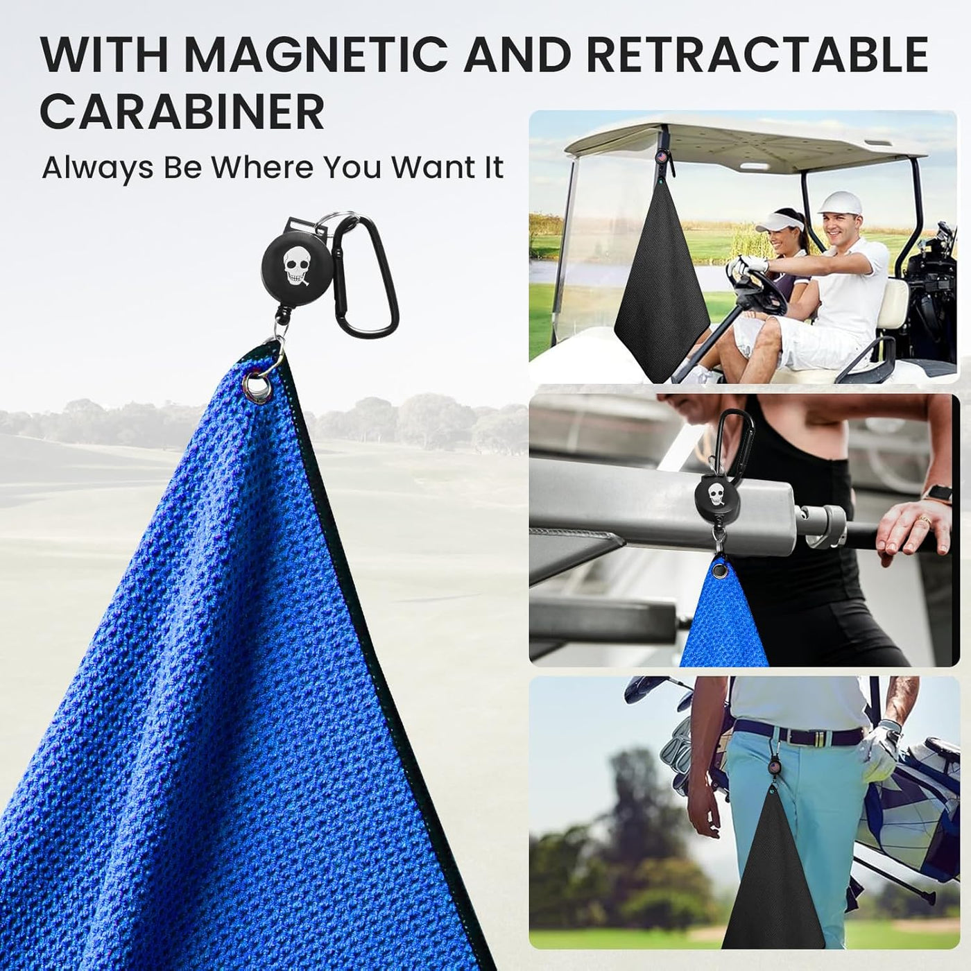 Golf Towels 2 Pack 16''X16'' with Strong Magnetic Retractable Carabiner