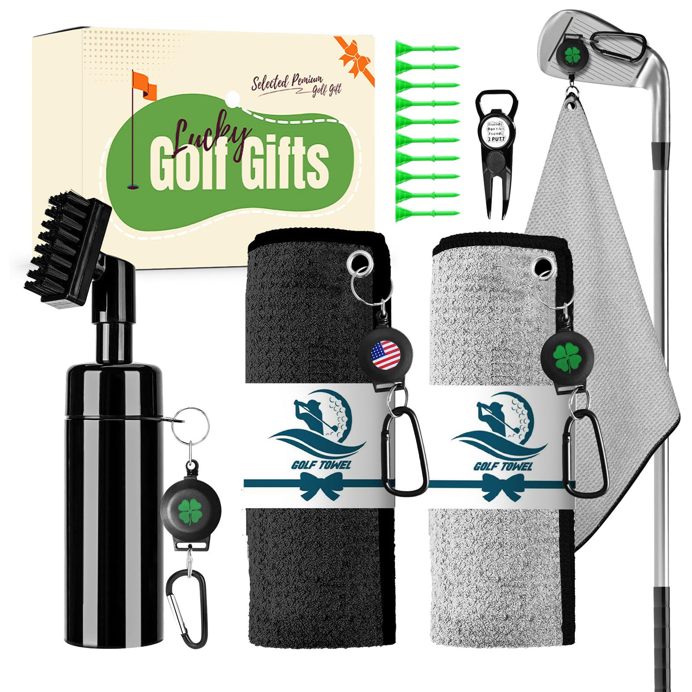 Golf Club Brush Cleaner Magnetic Retractable Carabiner Towels 2 Pack Kit