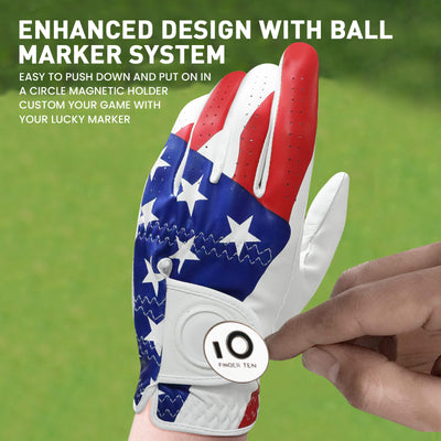 Golf Gloves Men USA Flag Weathersof Grip with Ball Marker 2 Pack