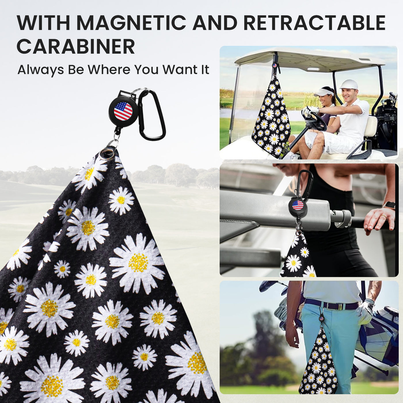 Golf Towels Daisy Value 2 Pack 21"x16" and 12"x8" Set with Strong Magnetic Retractable Carabiner