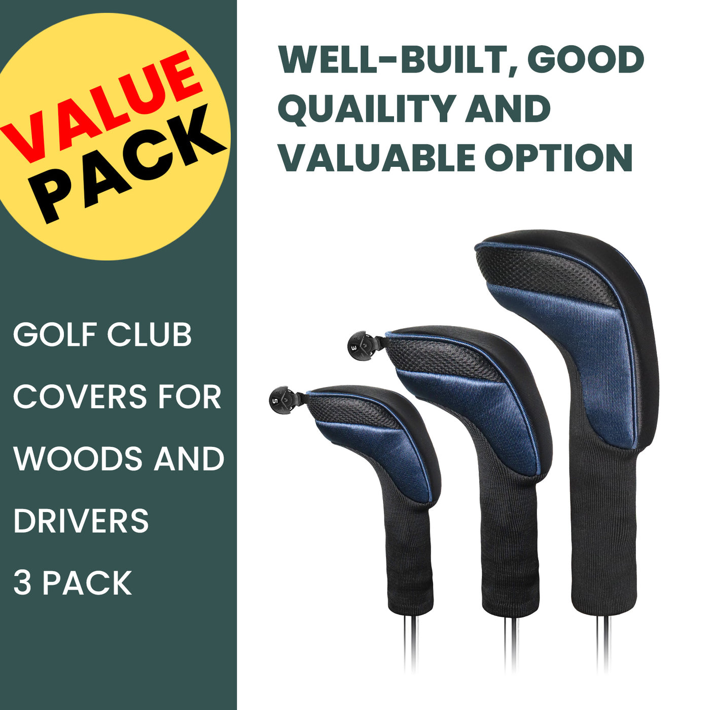 Golf Head Covers Value 3 Pack for Woods Driver Fairway Hybrid