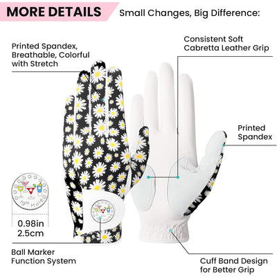 Gants de golf pour femmes Little Daisy en cuir à doigts longs avec marqueur de balle, lot de 1