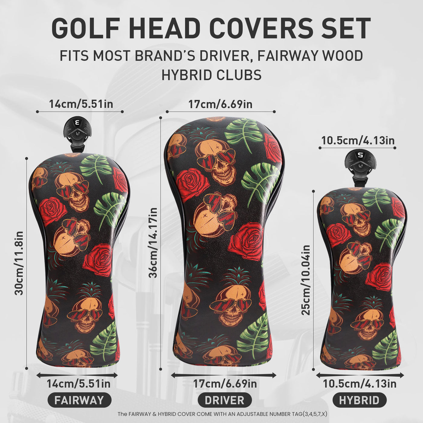 Golf Head Covers Woods Skull Rose 3 Pack