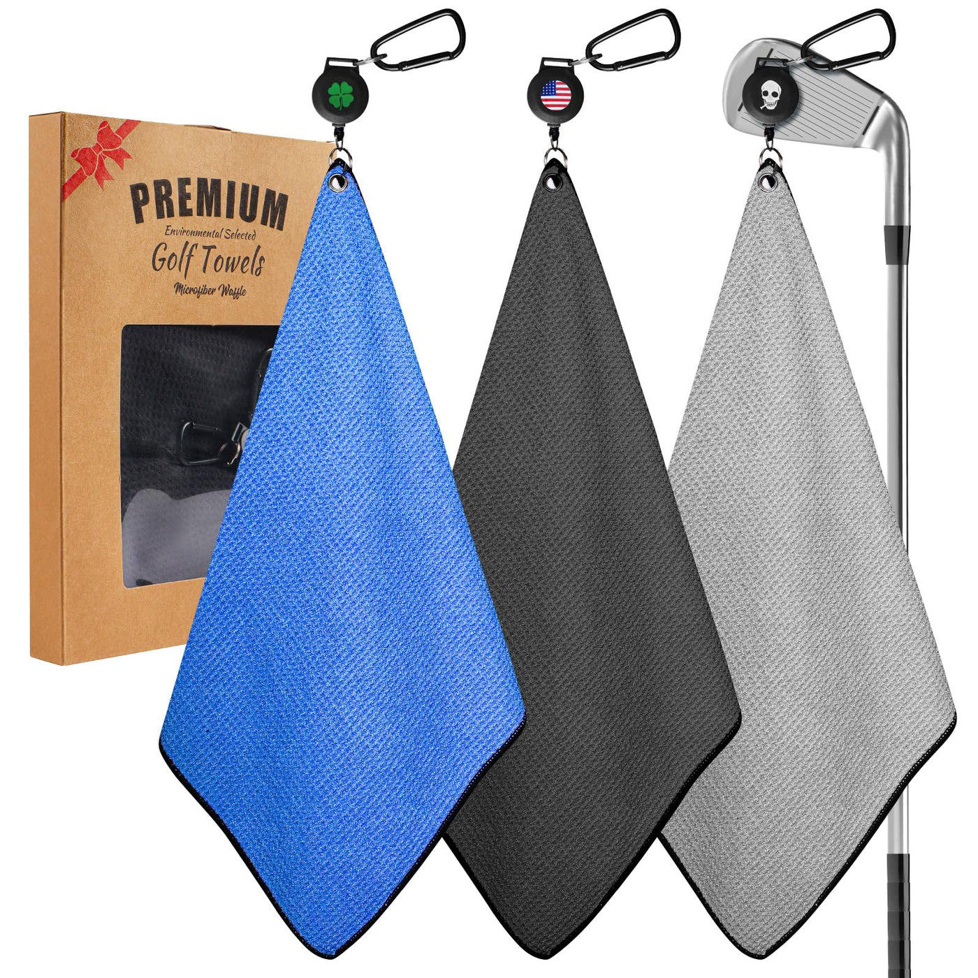 Golf Towels 3 Pack 16''X16'' with Strong Magnetic Retractable Carabiner