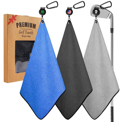 Golf Towels 3 Pack 16''X16'' with Strong Magnetic Retractable Carabiner