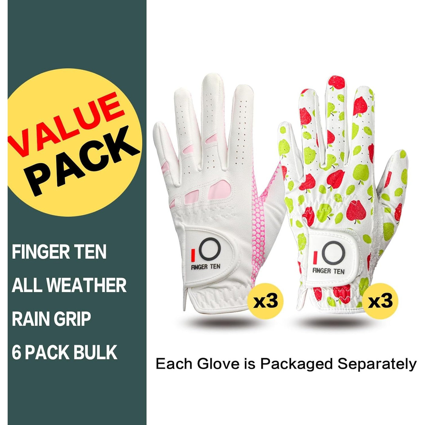 Women's Golf Gloves Extra Grip Green Pink Combo 6 Pack