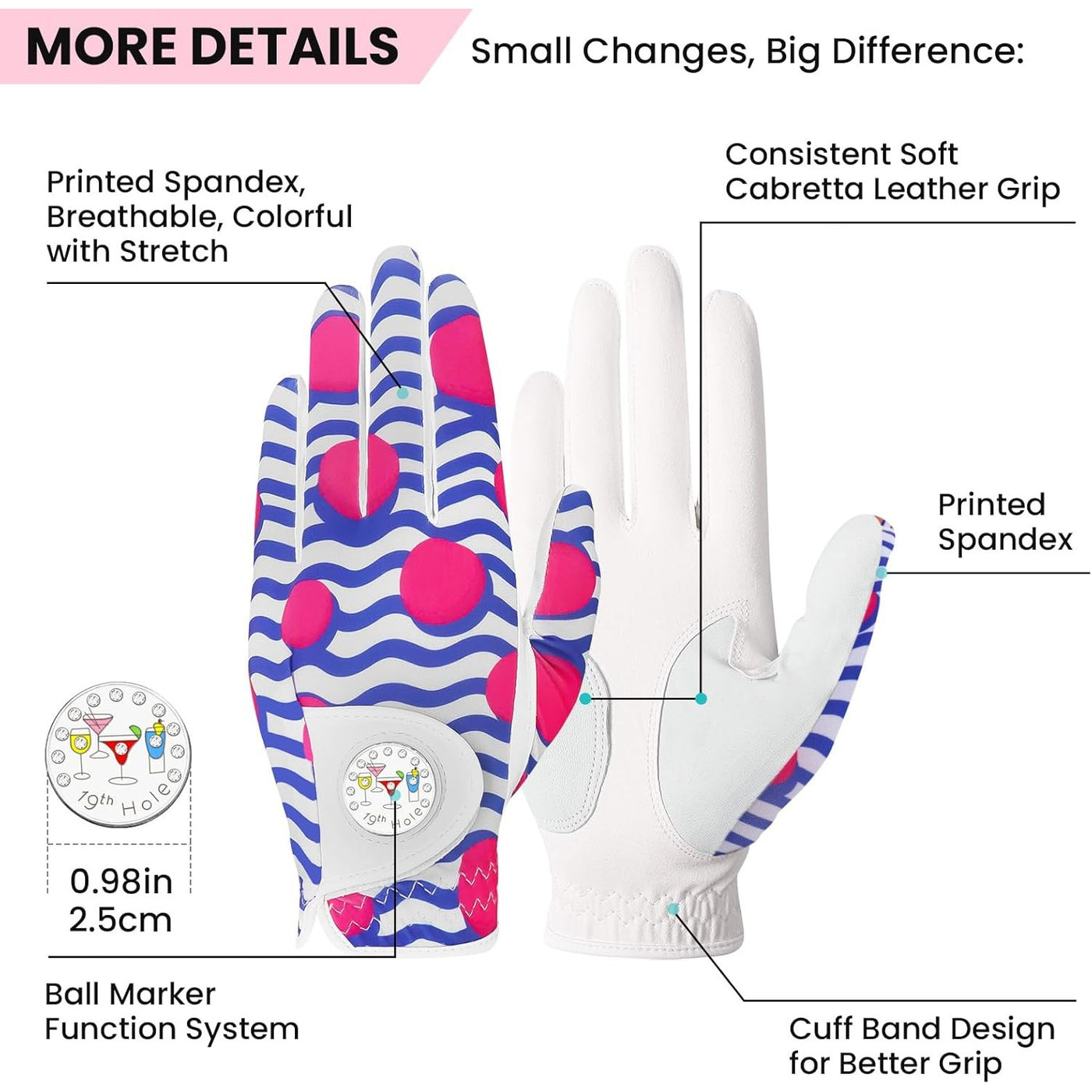 Golf Gloves Women Blue Pink Full Finger Leather 1 Pack