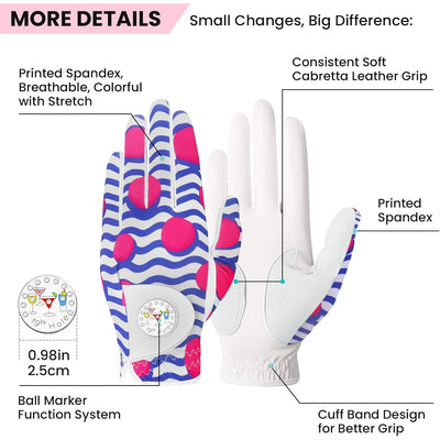 Golf Gloves Women Blue Pink Full Finger Leather 1 Pack