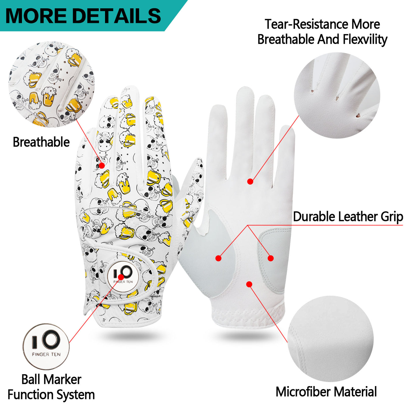 Golf Gloves Men Printed with Ball Marker 2 Pack