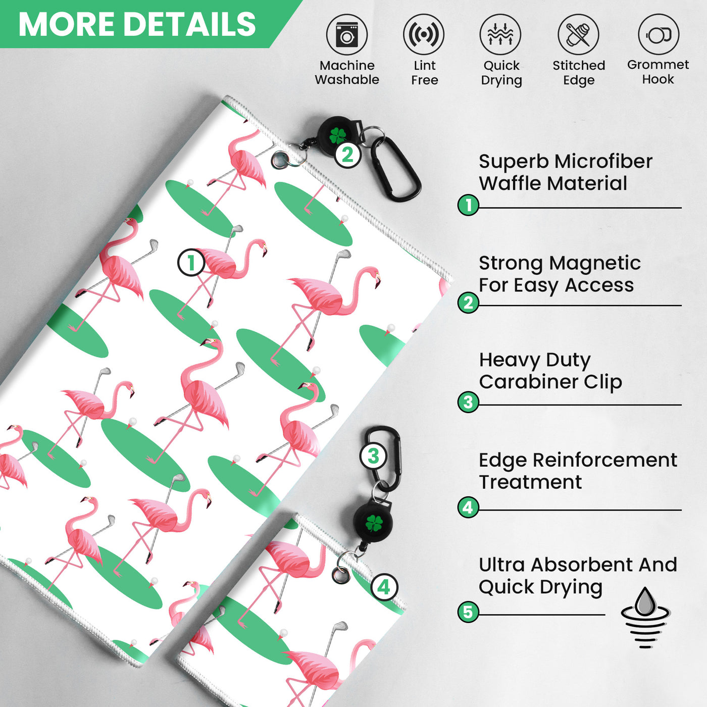 Golf Towels Flamingo Value 2 Pack 21"x16" and 12"x8" Set with Strong Magnetic Retractable Carabiner