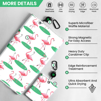 Golf Towels Flamingo Value 2 Pack 21"x16" and 12"x8" Set with Strong Magnetic Retractable Carabiner