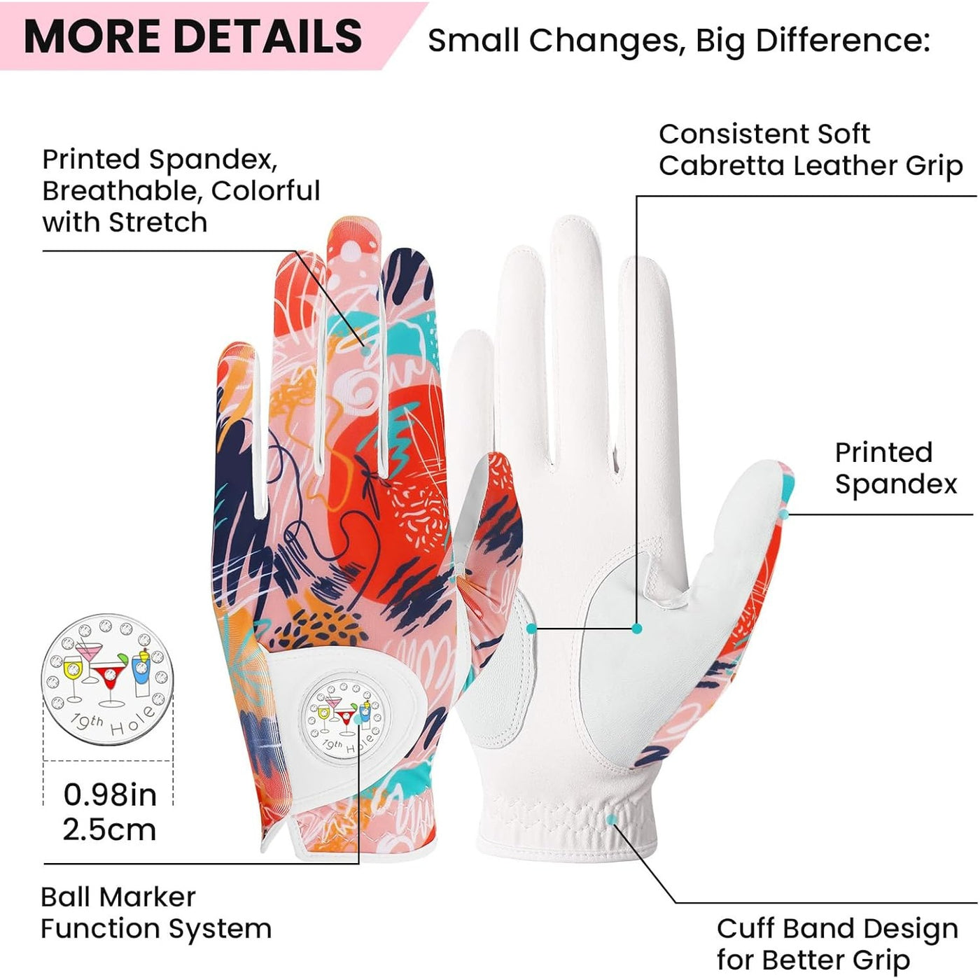 Ladies Golf Gloves Printed White Orange Colored 2 Pack