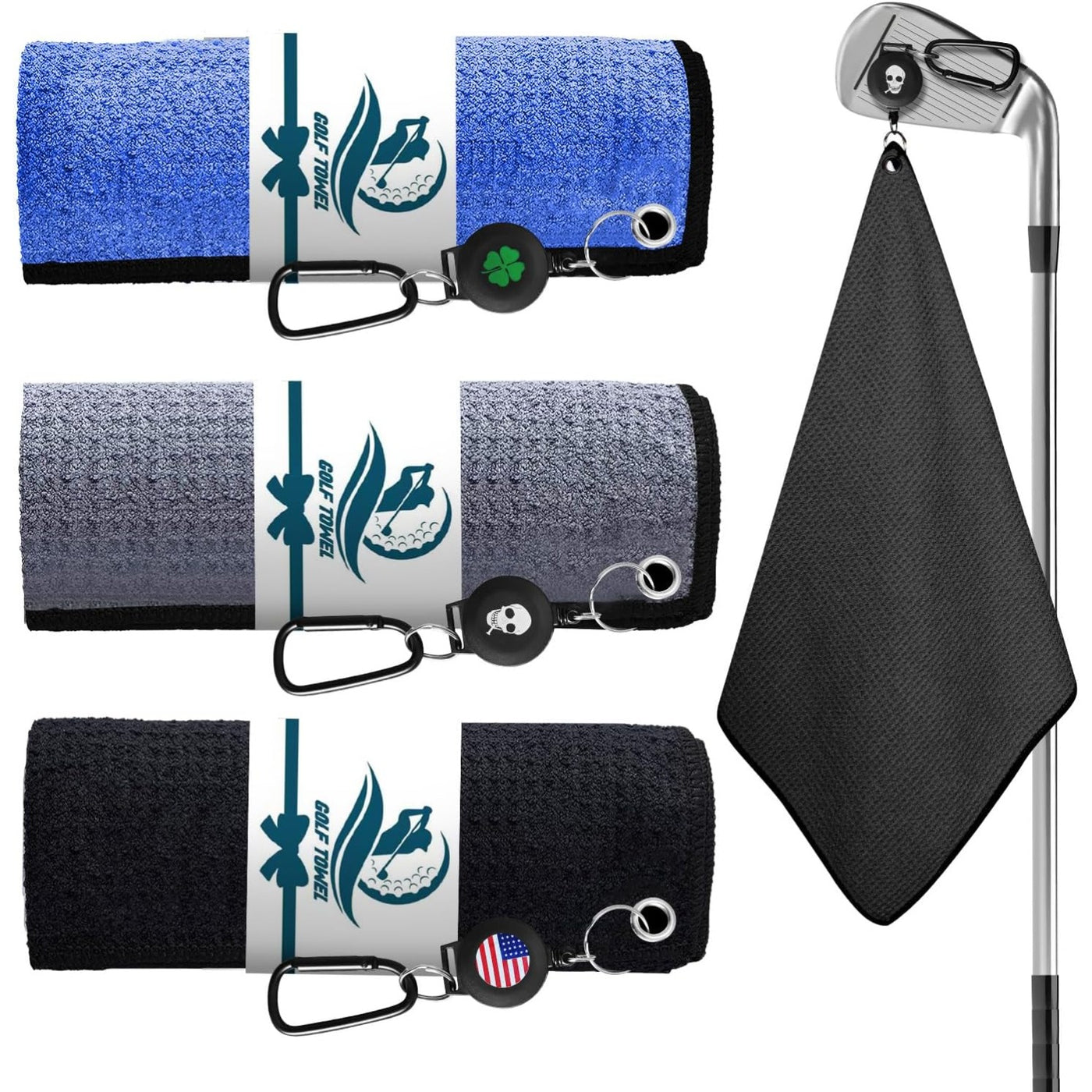 Golf Towels with Strong Magnetic Retractable Carabiner Value 3 Pack 16''X16''