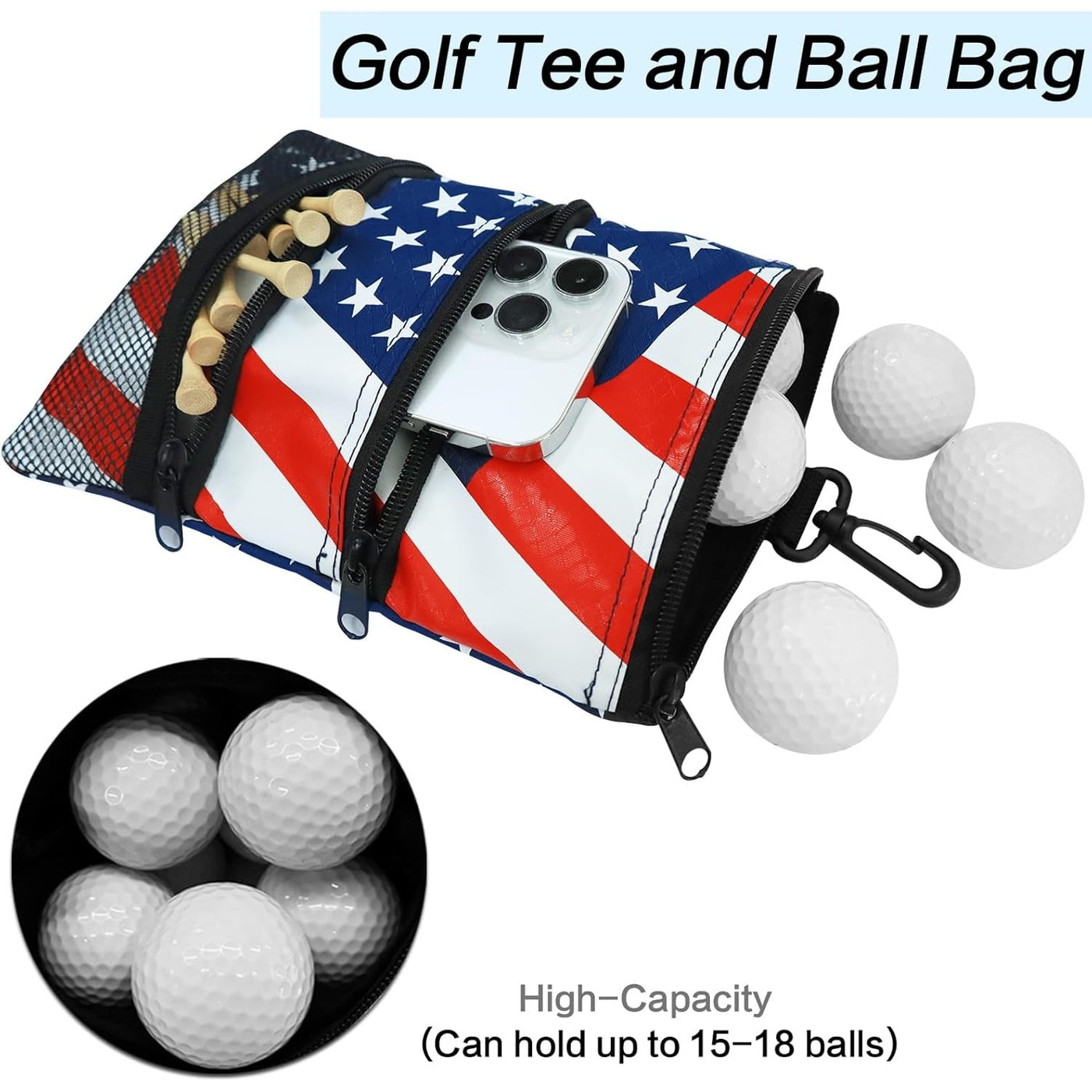 Golf Pouch Bag for Valuables Tee Color Zippered Pocket Gear Clip Hook to Bag